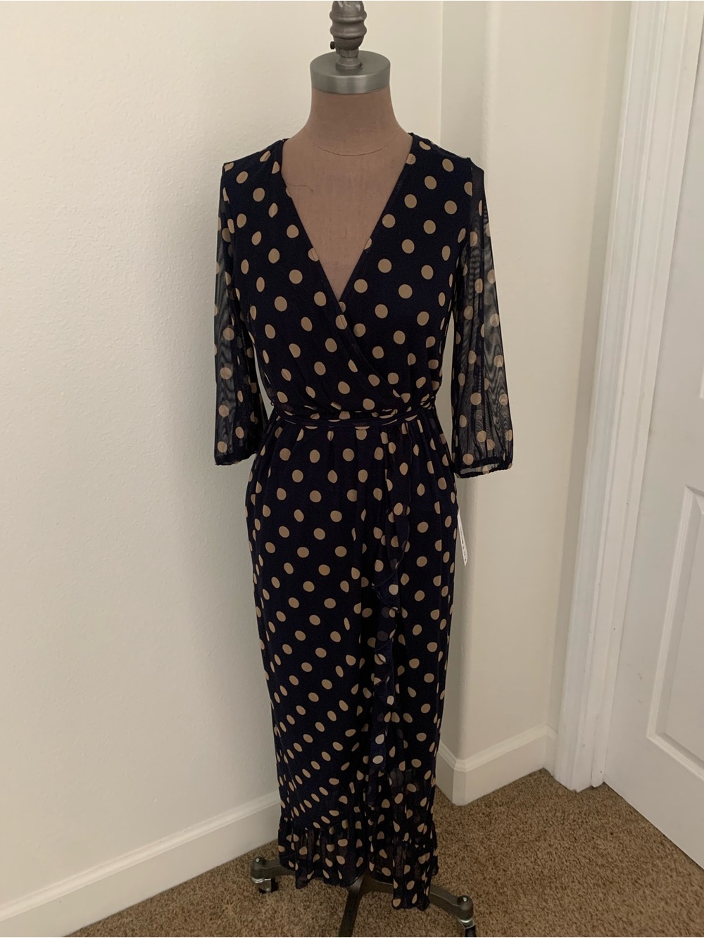 En Focus Studio Navy/Taupe Polka Dot Maxi Dress